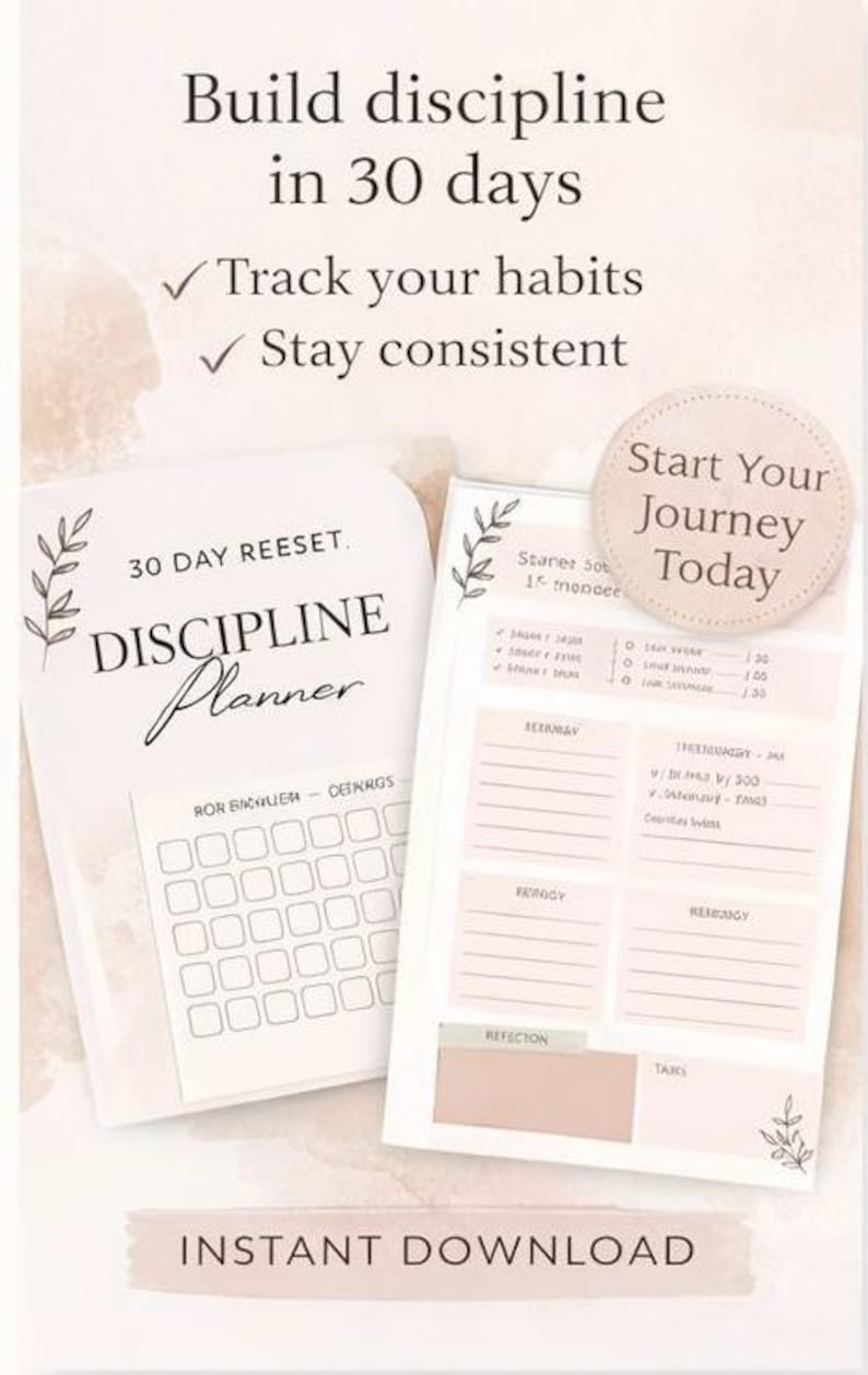 30 Day Discipline Reset Planner | Habit Tracker, Self Improvement Journal (Printable PDF)